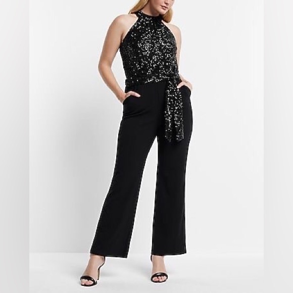 Express Black Sequin Halter Neck Tie Waist Jumpsuit Size L - Picture 4 of 16